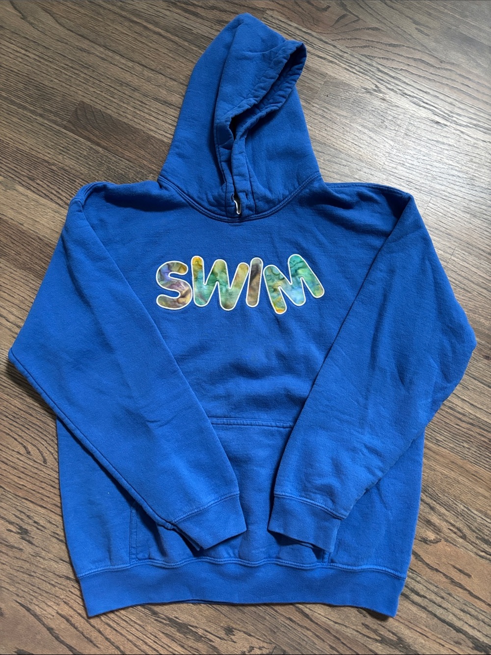 Gildan Blue Hoodie with Multicolor 'SWIM' Applique